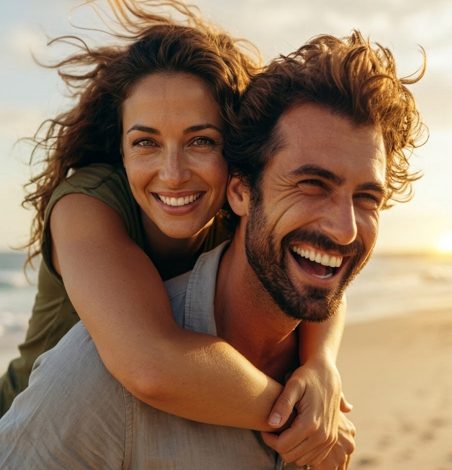 Una pareja sonríe en la playa con el cabello al viento